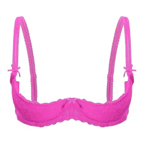 Mujer 1/2 taza empujar hacia arriba con aros encaje sujetador lencería abierto pecho copa sujetador tops correa ajustable esponj