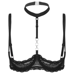 Otwoo Lencería Mujer Pecho Copa Abierta Bra Transparente Encaje Floral Underwired Unfored Sexy Bras Tops Halter Bare Breast Unde